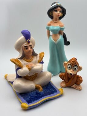 Vintage Set of Aladdin Ceramic Figurines Jasmine, Abu, And Aladdin